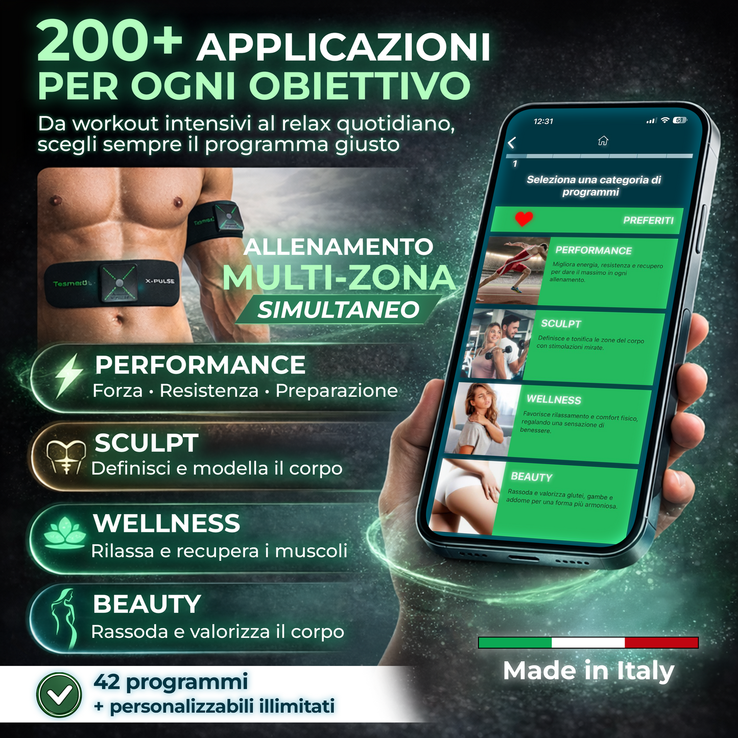 TESMED X-Pulse Elettrostimolatore Muscolare Ricaricabile Wireless EMS con App – 2 Dispositivi Inclusi, Programmi Personalizzabili illimitati, Multi-Zona, 130 Livelli di Intensità, Il più Potente