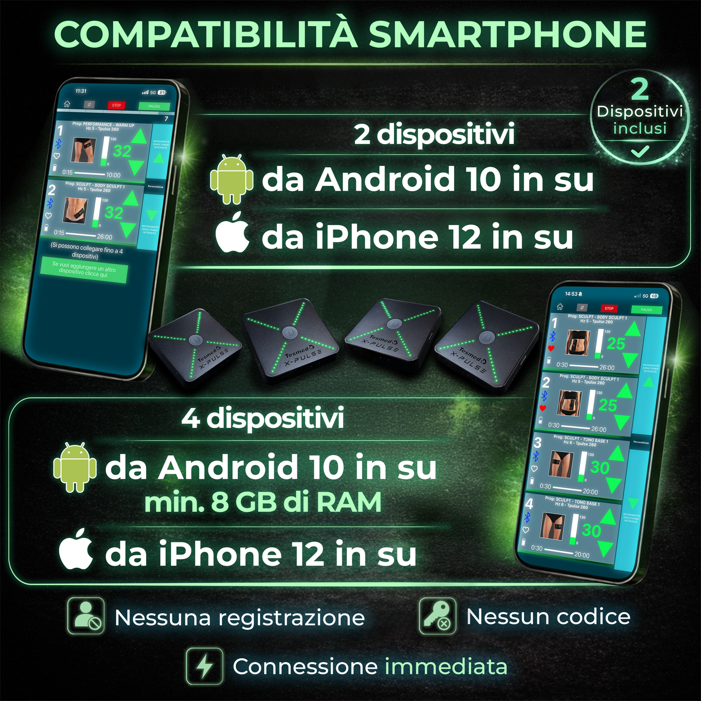 TESMED X-Pulse Elettrostimolatore Muscolare Ricaricabile Wireless EMS con App – 2 Dispositivi Inclusi, Programmi Personalizzabili illimitati, Multi-Zona, 130 Livelli di Intensità, Il più Potente